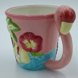 Figural 3D Pink Flamingo Hibiscus Coffee Cup Mug